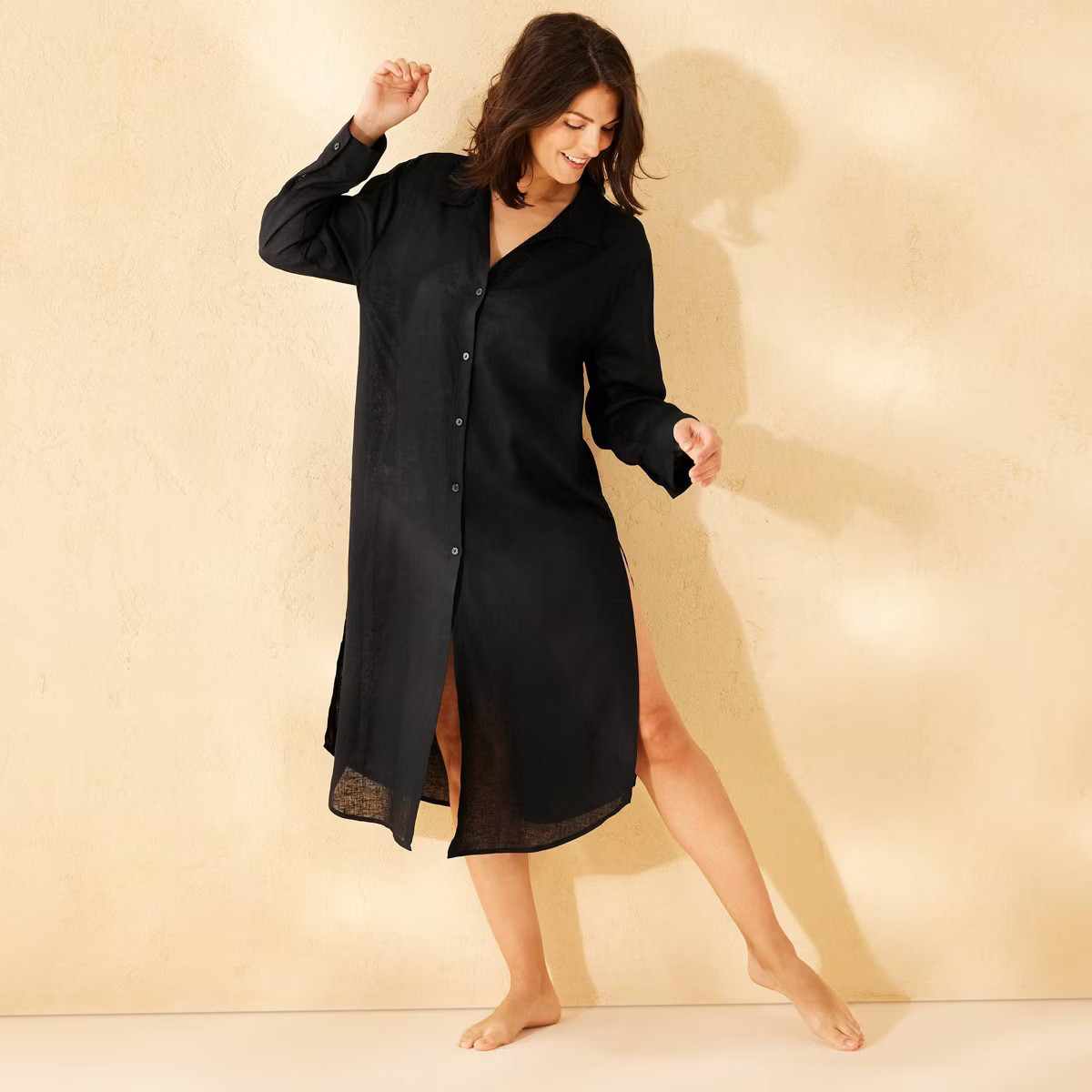 Women's Linen Long Cover Up Shirt Dress - Shade & Shore™ Black | Target