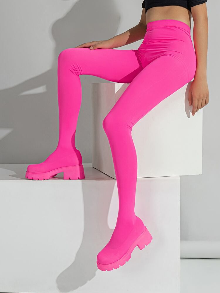 Neon Pink Platform Pantyhose Boots | SHEIN