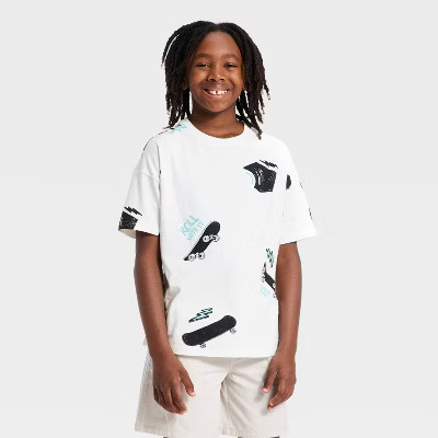 Boys' Short Sleeve Oversized Skateboard Printed T-Shirt - Cat & Jack™ Cream M | Target