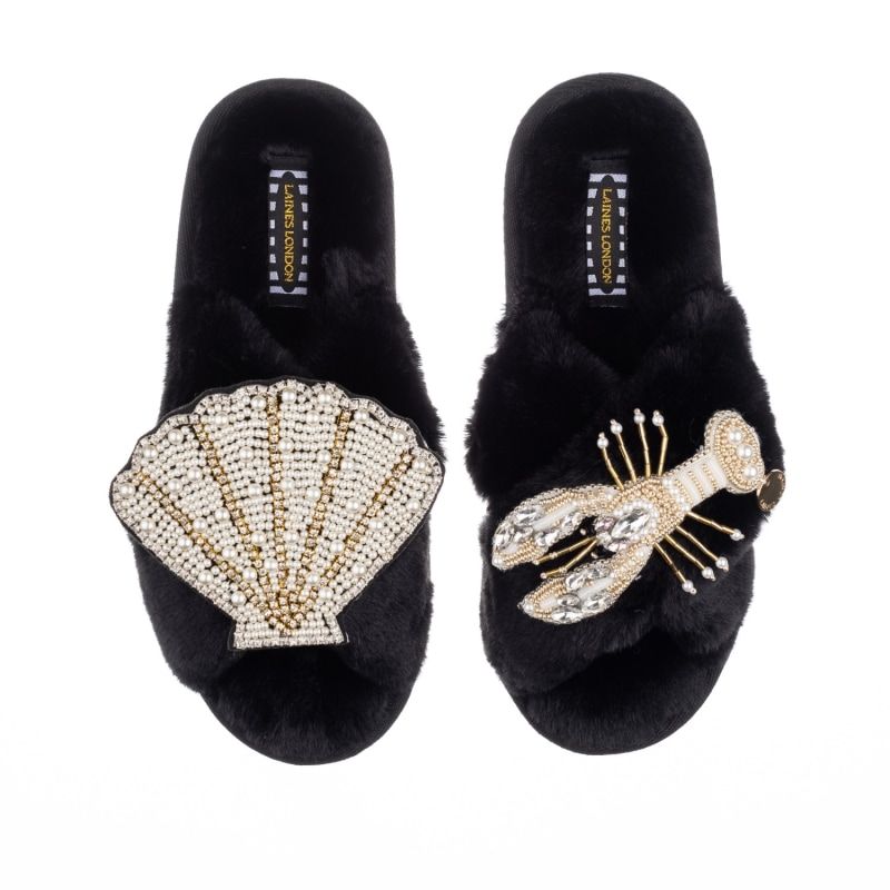 Classic Laines Black Slippers With Double Artisan Gold Lobster & Seashell | Wolf and Badger (Global excl. US)
