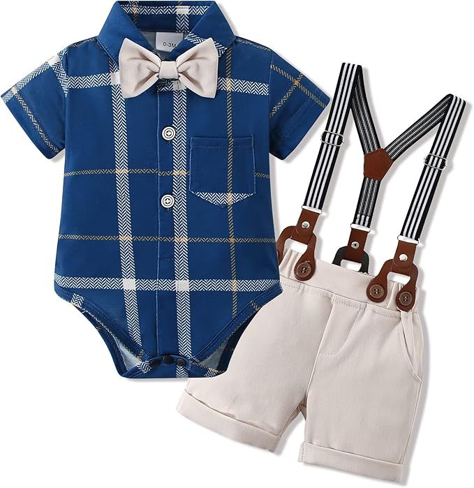 WESIDOM Baby Boy Clothes Suit Newborn Infant Gentleman Outfits, Dress Romper+Bow-Tie+Suspender Sh... | Amazon (US)