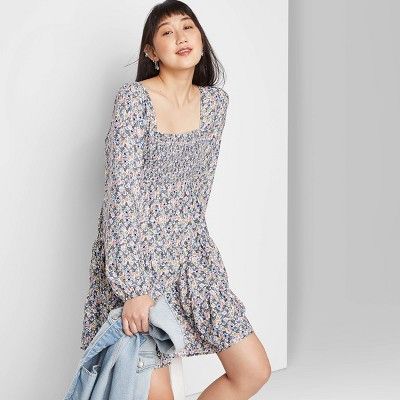 Women's Floral Print Long Sleeve Square Neck Smocked Top Babydoll Mini Dress - Wild Fable™ Blue | Target