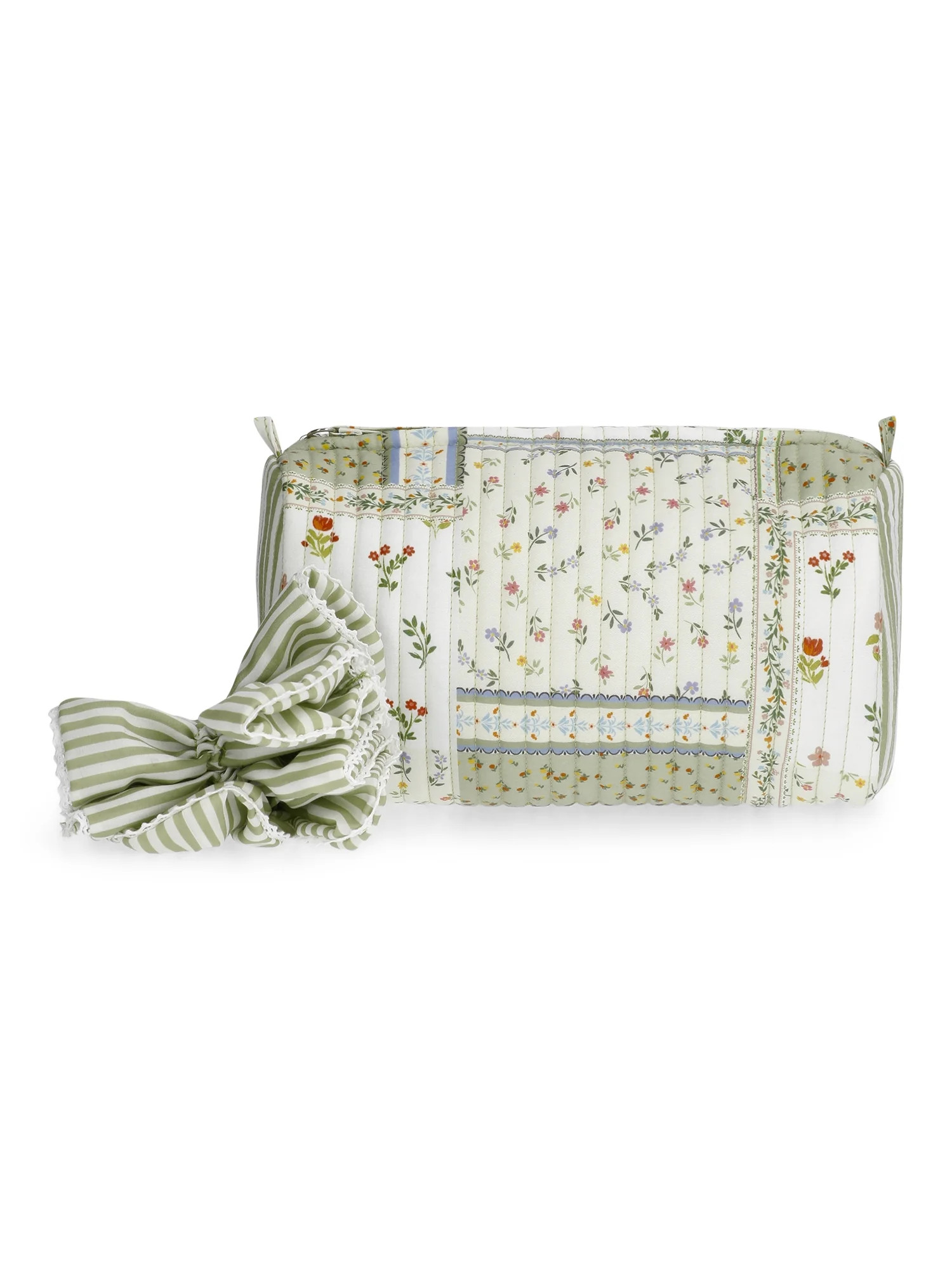 No Boundaries Women's Quilted Pouch and Hair Scrunchie Set, 2-Piece, Green Patchwork Floral/Strip... | Walmart (US)