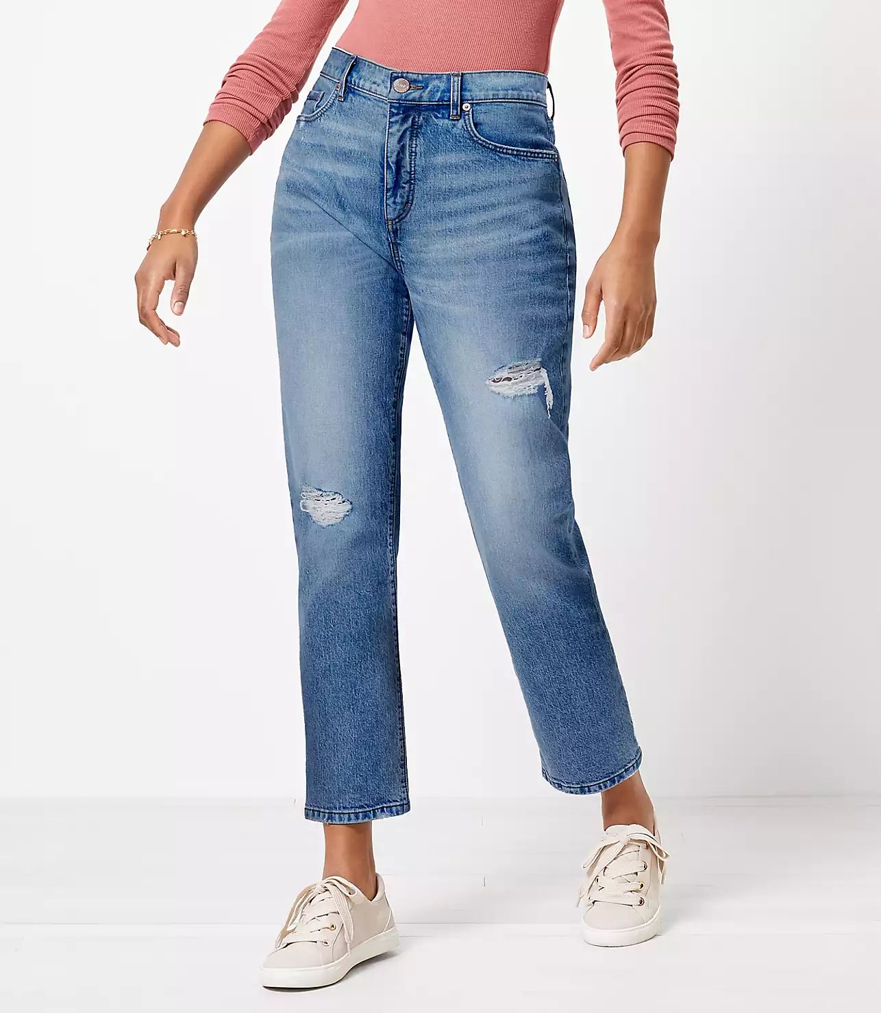 Curvy Destructed High Rise Straight Crop Jeans in Authentic Light Indigo Wash | LOFT