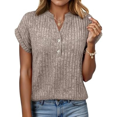ANRABESS Womens Short Sleeve Henley Shirts V Neck Summer Sweaters 2026 Sp… | Amazon (US)