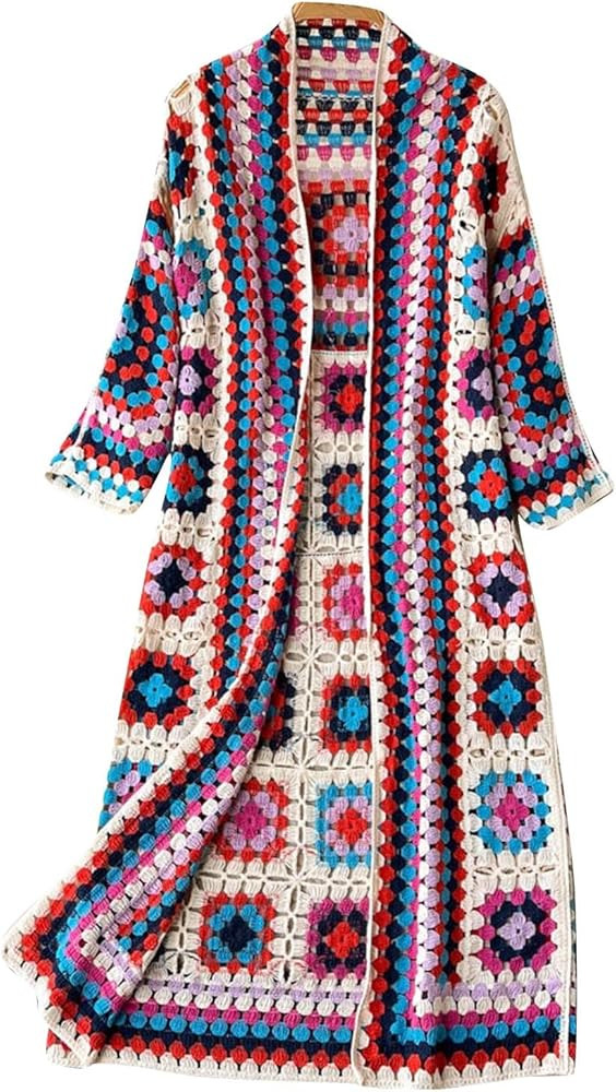 Women Vintage Crochet Granny Square Cardigan Jumper Long Sleeve Open Front Floral Sweater Knitwea... | Amazon (US)