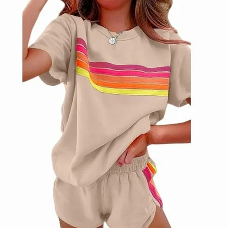 VIWORLD 2-Piece Women's Striped Shorts Set, Summer Short Sleeve Top & Shorts Outfit, Casual Athletic Outfit Khaki，M | Walmart (US)