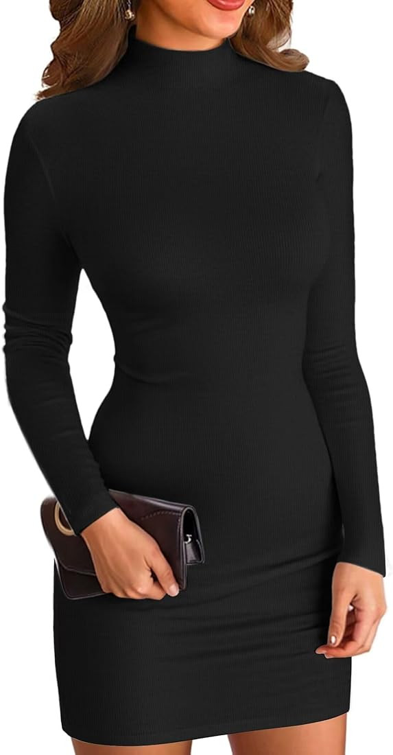 VICHYIE Women Mock Neck Ribbed Bodycon Dress Long Sleeve Mini Pencil Dresses | Amazon (US)