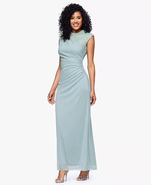 B&A By Betsy and Adam Betsy & Adam Women's Lace-Trim Ruched Jersey Gown - Macy's | Macy's