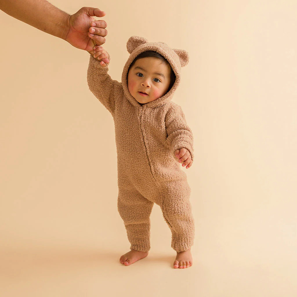 Solid Brown Daywear Macchiato Cuddle Bear Hooded Romper | Posh Peanut® | Posh Peanut