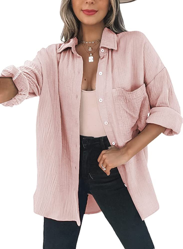 Dokotoo Womens Color Block Button Down Shirts Long Sleeve Oversized Boyfriend Blouses Tops | Amazon (US)