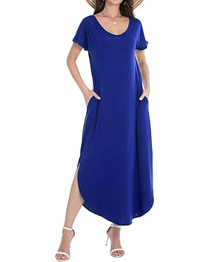 Matchstick Long Maxi Dresses for Women V-Neck Casual Loose Short Sleeve Sundress with Side Split ... | Amazon (US)