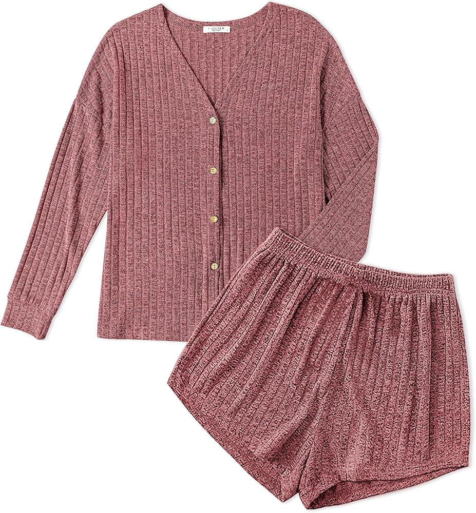 Ekouaer Ribbed Knit Pajamas Sets for Women Button-Down Loungewear Casual Shirt and Shorts 2 Piece Lo | Amazon (US)