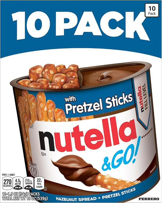 Nutella & GO! Chocolate Hazelnut Spread with Cocoa + Pretzel Sticks, 10 Snack Packs, 1.9 oz Each | Amazon (US)
