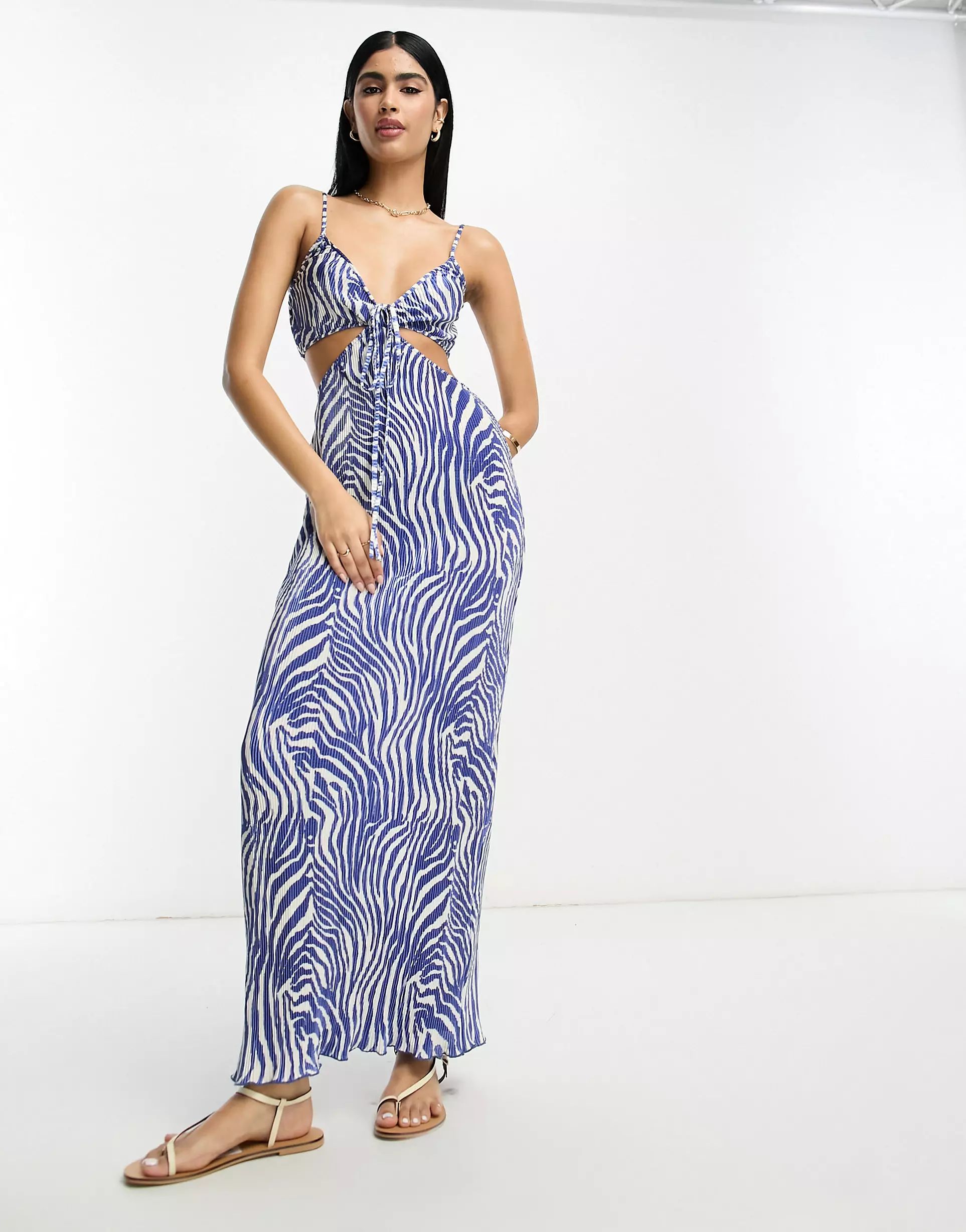 ASOS DESIGN plisse strappy cut out midi dress in blue zebra | ASOS (Global)