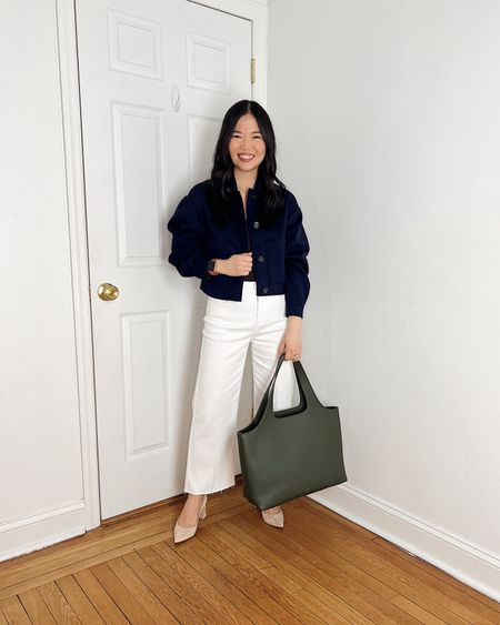 Cropped navy jacket (XSP)
Brown tank top  (XS/S)
Olive green tote bag  
Cuyana system tote
White jeans  (4P)
White wide leg jeans
beige suede pumps 
Business casual outfit 
Smart casual outfit 
Ann Taylor outfit 
Work outfit 
Spring outfit 
Neutral outfit 
Teacher outfit

#LTKworkwear #LTKfindsunder100 #LTKSeasonal