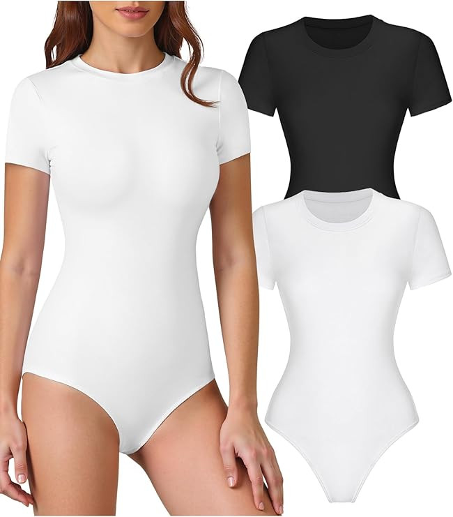 2 Pack Bodysuits for Womens Crew Neck Short Sleeve Body Suits Going Out Outfits Summer Baisc Leot... | Amazon (US)