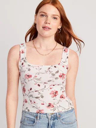 Fitted Printed Square-Neck Ultra-Cropped Rib-Knit Tank Top for Women | Old Navy (US)