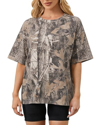 MSBESYOR Camo Shirt for Women Maple Leaf Print Short Sleeve Crewneck T-Shirts Summer Oversized Tee Shirts Streetwear | Amazon (US)