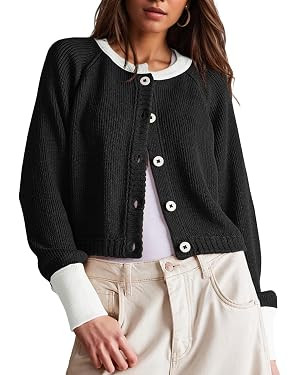 Women's Cropped Cardigan Sweaters Fall Long Sleeve Open Front Cardigans Button Down Color Block K... | Amazon (US)
