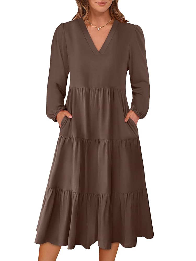 ANRABESS Women's Long Lantern Sleeve Floral Midi Dresses 2025 Fall V Neck Casual Flowy A-line Tie... | Amazon (US)