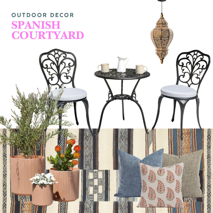 Spanish courtyard outdoor decor, mediterranean decorating, bohemian patio furniture, front porch decor | iron outdoor bistro set, terracotta planter, outdoor pillows, patterned outdoor rug  

 #LTKcanada #LTKsummer #LTKhome
