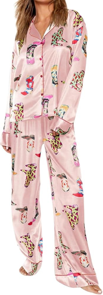 Women Silk Satin Pajamas Sets Cute Print Long Sleeve Button Down Shirt Palazzo Pants Y2k 2 Piece ... | Amazon (US)