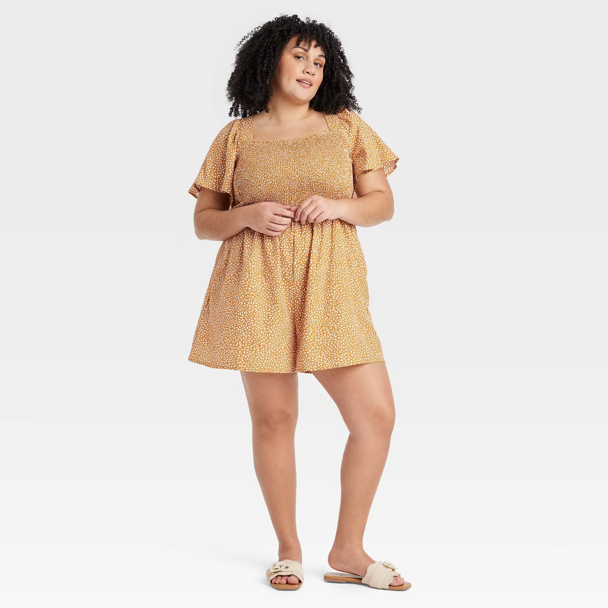 Women's Flutter Short Sleeve Smocked Mini Romper - Ava & Viv™ Gold XXL | Target