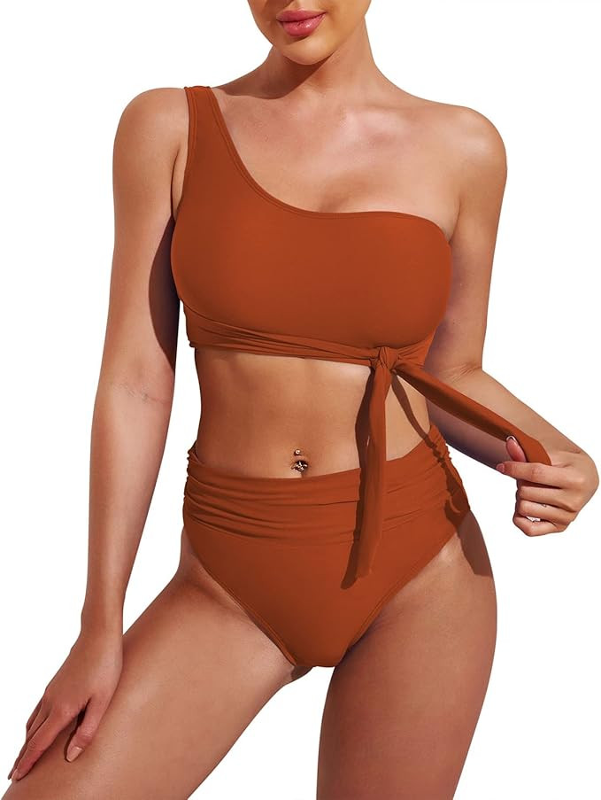 Pink Queen Women's One Shoulder High Waisted Bikini Set Two Piece Tie Ruched Swimsuit | Amazon (US)
