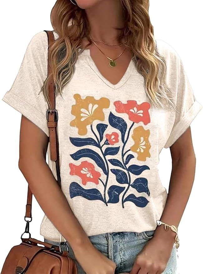 Womens Vintage Flowers V Neck Shirt Boho Floral Wildflowers Graphic Tee Casual Graphic Tees Tops ... | Amazon (US)