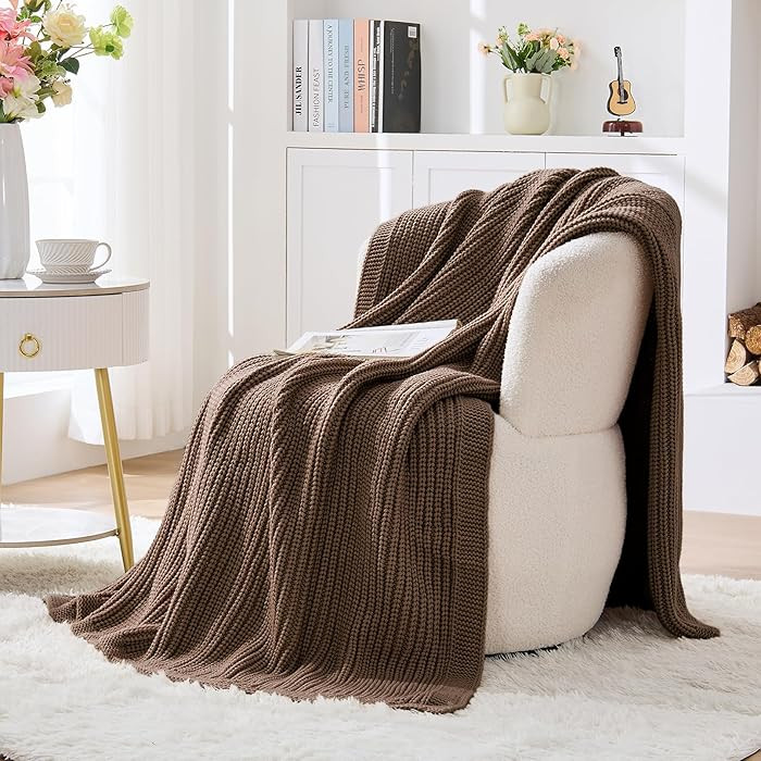 Chunky Knit Brown Throw Blanket for Couch Soft Cozy Thick Knitted Blanket for Sofa Bed, Breathabl... | Amazon (US)