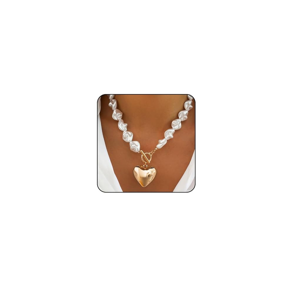 Gold Chunky Necklace for Women Trendy Baroque Pearl Statement Necklaces Big Heart Pendant OT Togg... | Amazon (US)