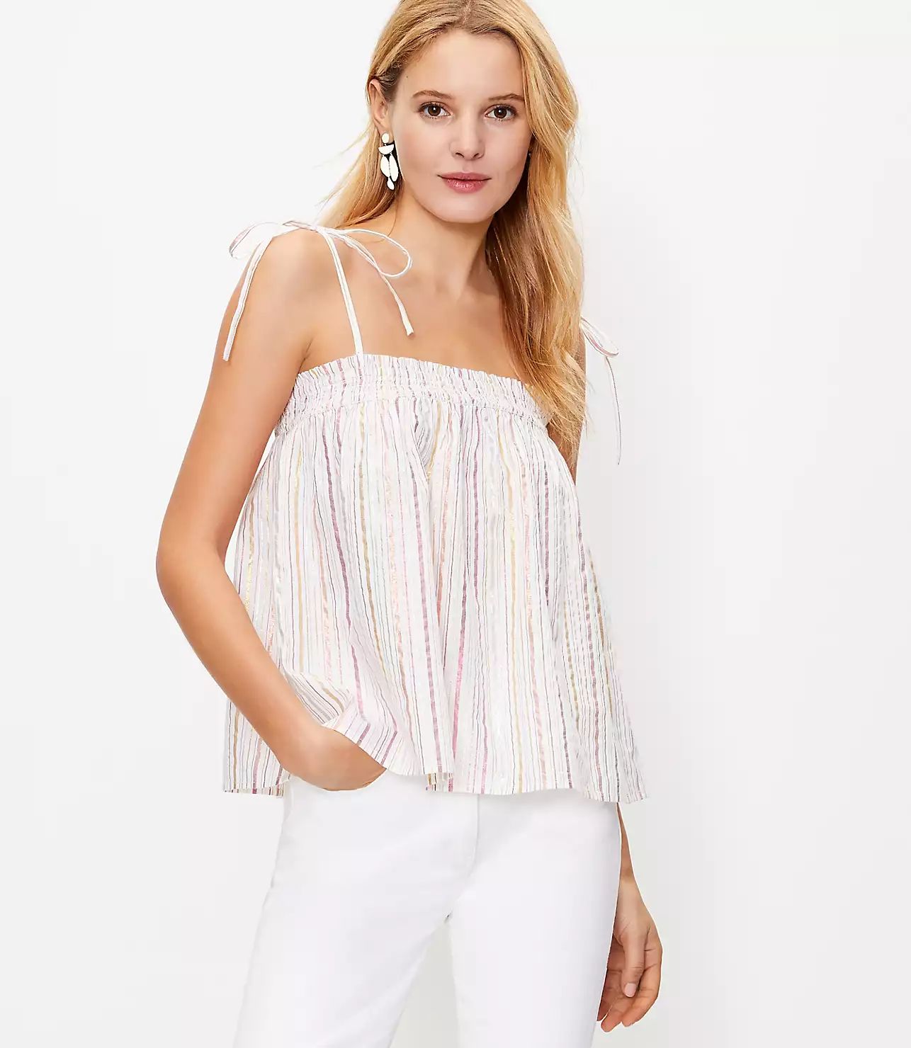 Shimmer Stripe Bow Strap Smocked Cami | LOFT