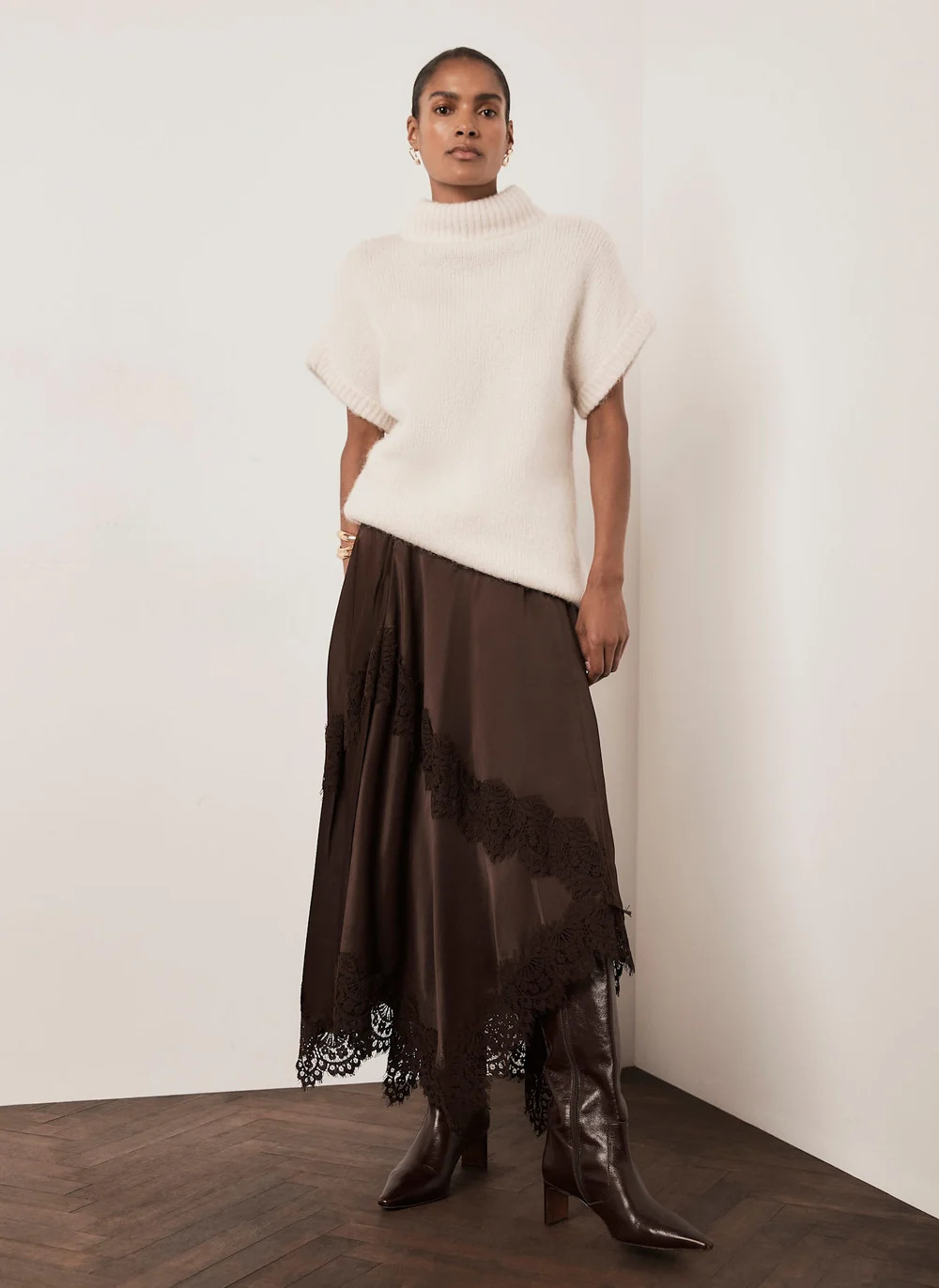 Brown Satin Lace Trim Midi Skirt | Mint Velvet - ROW