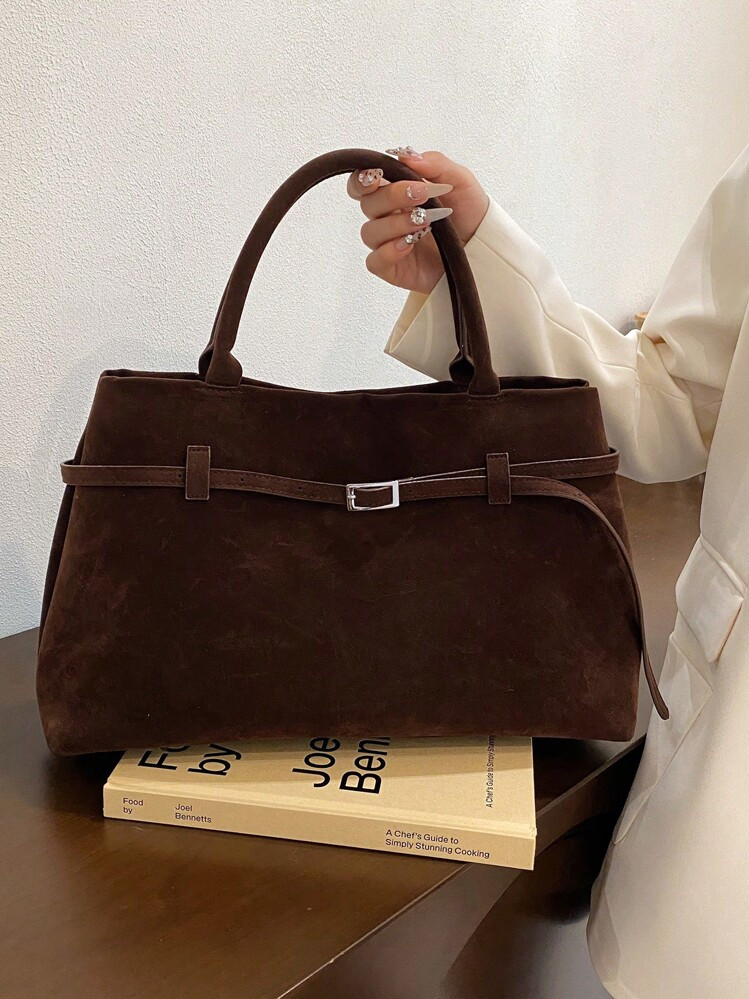 1pc Coffee Color Women Handbag, Retro Suede Leather Tote Bag With Large Capacity, Belt Decor, PU Material, Fashion Vintage Minimalist Style, Suitable For Women Shopping And Daily Use, Tote Bags For Ladies, New Autumn And Winter Women Bag, Best Fall Purse, Newest Fashionable Suede Bag For Women | SHEIN