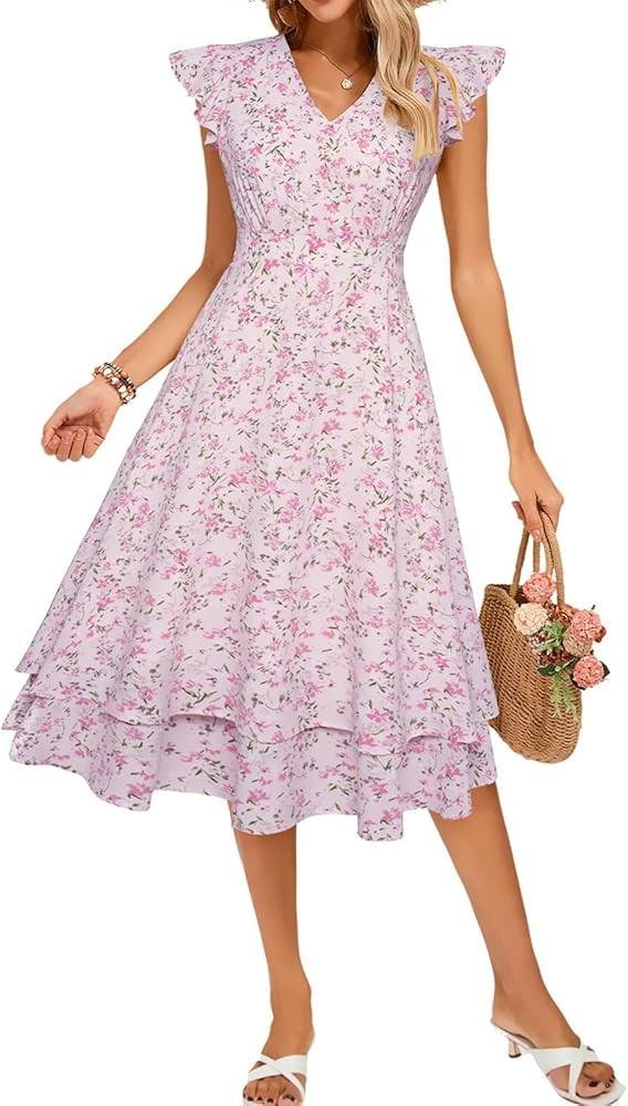 Kate Kasin Womens Dresses Summer Short Sleeve Ruffle Floral V Neck Flowy Aline Casual Tiered Wedd... | Amazon (US)