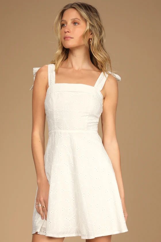 Sneak a Kiss White Floral Embroidered Tie-Strap Mini Dress | Lulus (US)