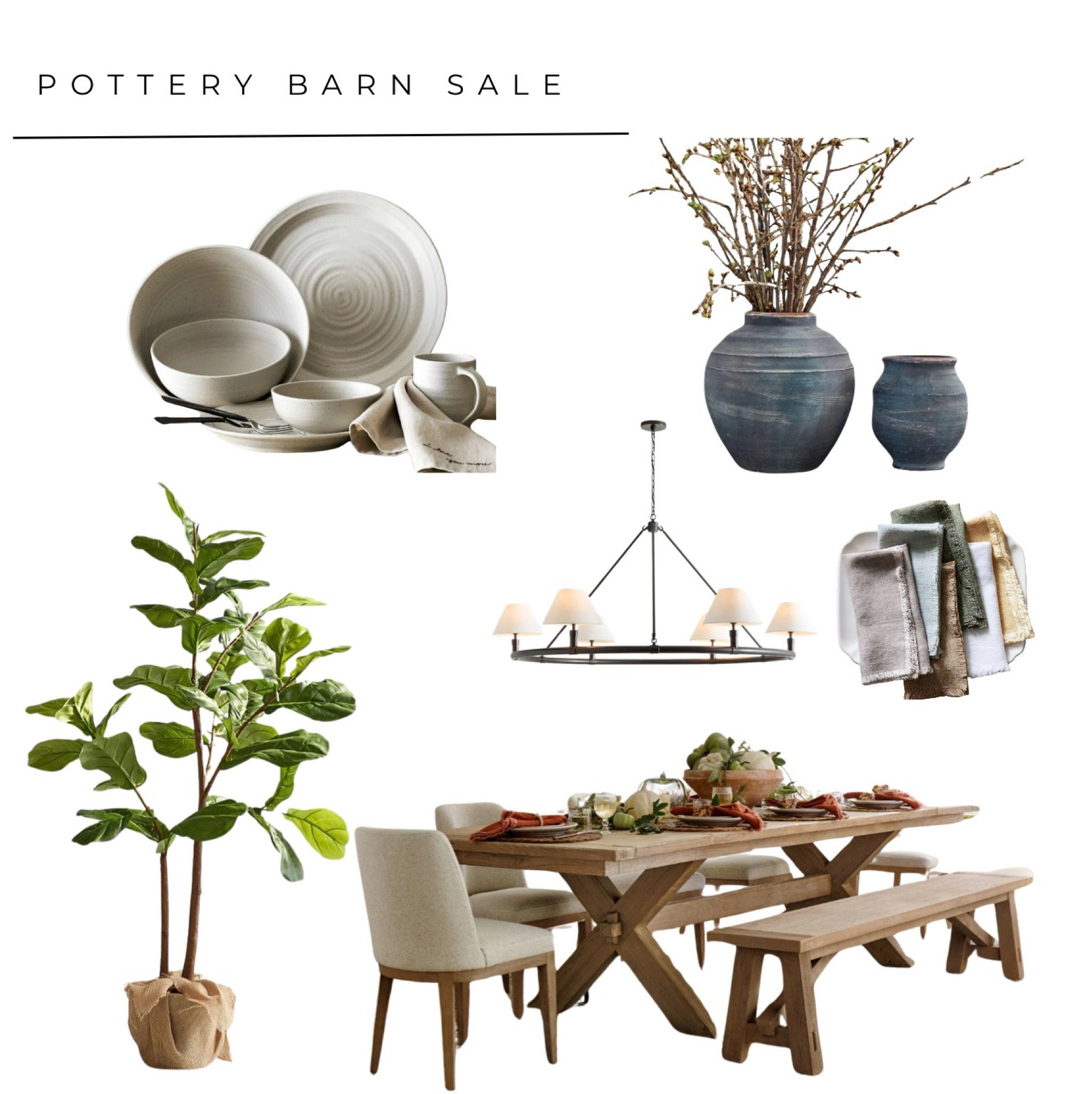 Pottery Barn Dining Room 
Dining Table
Chandelier 
Faux Tree 
Dinnerware 

#LTKFindsUnder100 #LTKHome #LTKStyleTip
