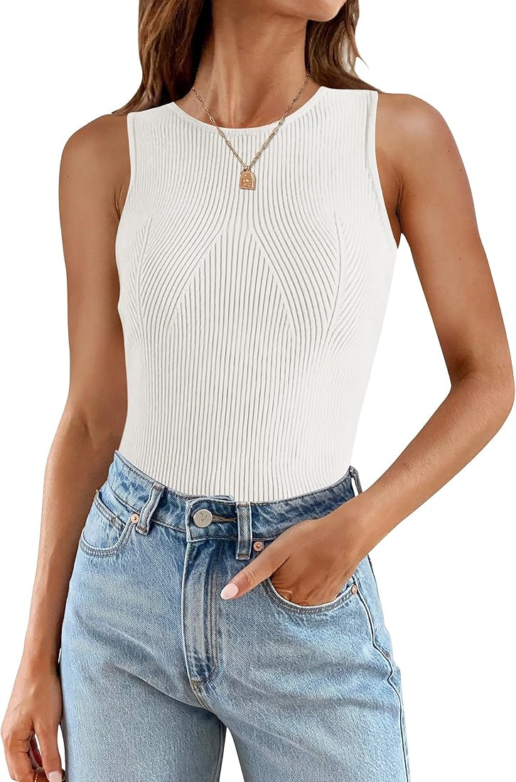 ZESICA Womens Ribbed Tank Tops 2024 Summer Sleeveless High Neck Casual Slim Fitted Basic Knit Shi... | Amazon (US)