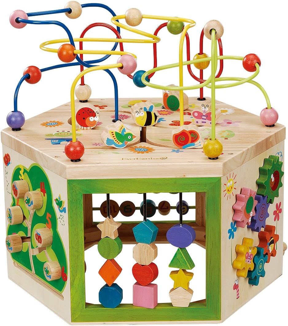 EverEarth Garden Activity Cube. Wood Shape & Color Sorter, Bead Maze & Counting Baby Toy | Amazon (US)
