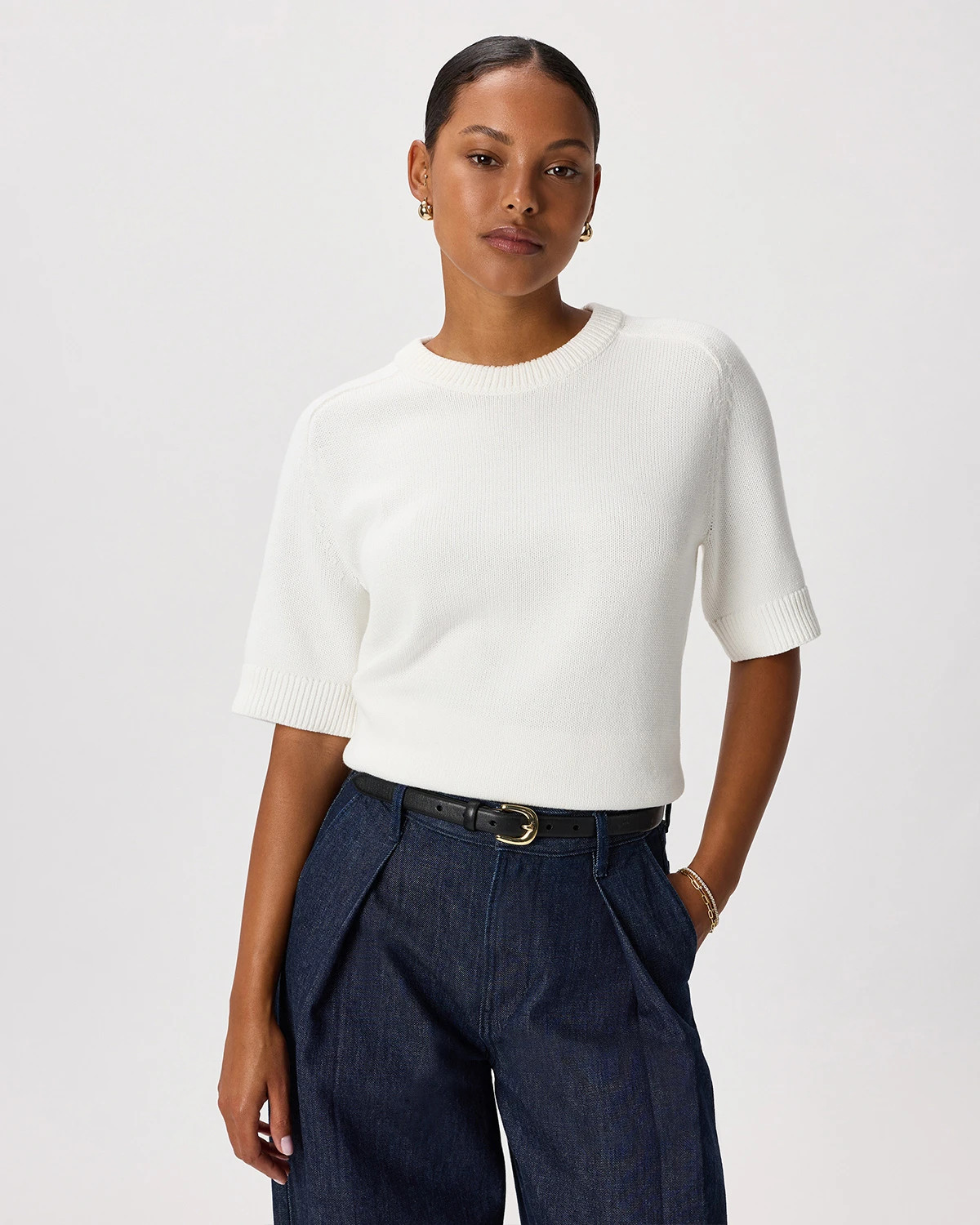 Quince | Women's Sweater T-Shirt in Speckled Beige, Size XL, Organic Cotton | Quince