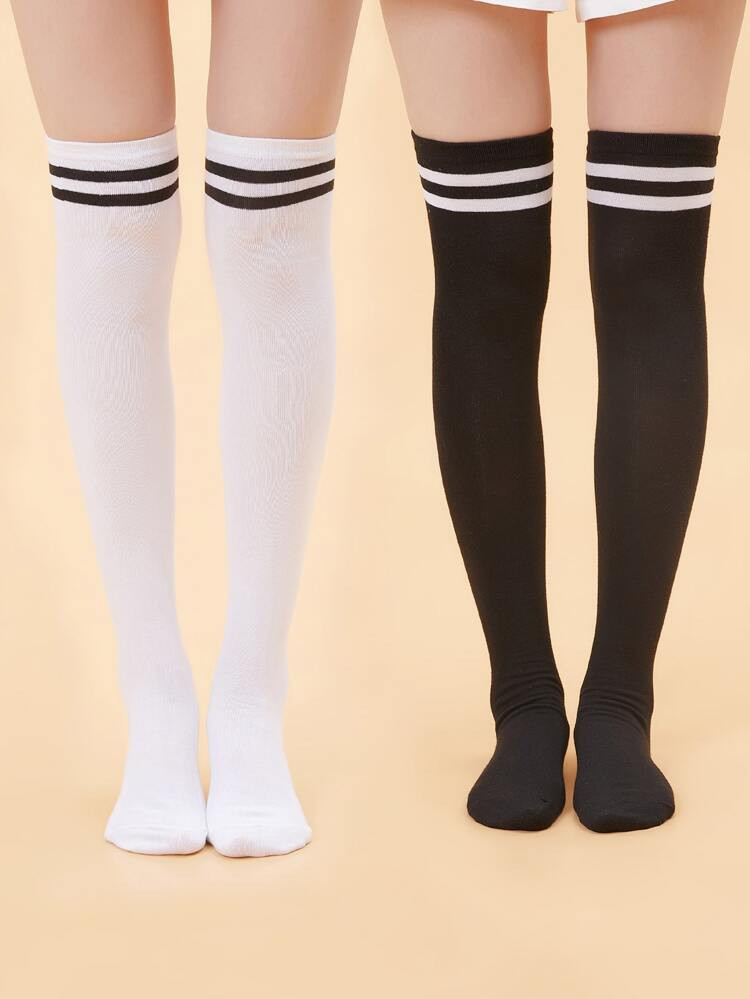 2pairs Striped Over The Knee Black & White Socks | SHEIN