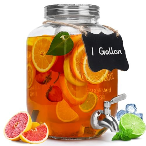 1 Gallon Glass Beverage Dispenser with Lid, Stainless Steel Spigot, Glass Drink Dispensers for Parties, Lemonade Dispenser With Ice Cylinder for Weddings, Party,Sun Tea Jar, Water Juice Dispensers | Amazon (US)