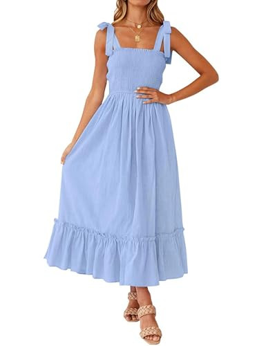 Tobrief Maxi Dresses for Women Boho Casual Flowy Smocked Dress Spaghetti Strap Midi Dress Blue M | Amazon (US)