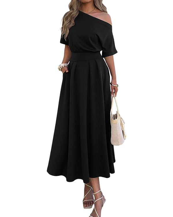 Mieazom Elegant One Shoulder Maxi Dresses for Women Summer Casual Loose Empire Waist Pleated Form... | Amazon (US)