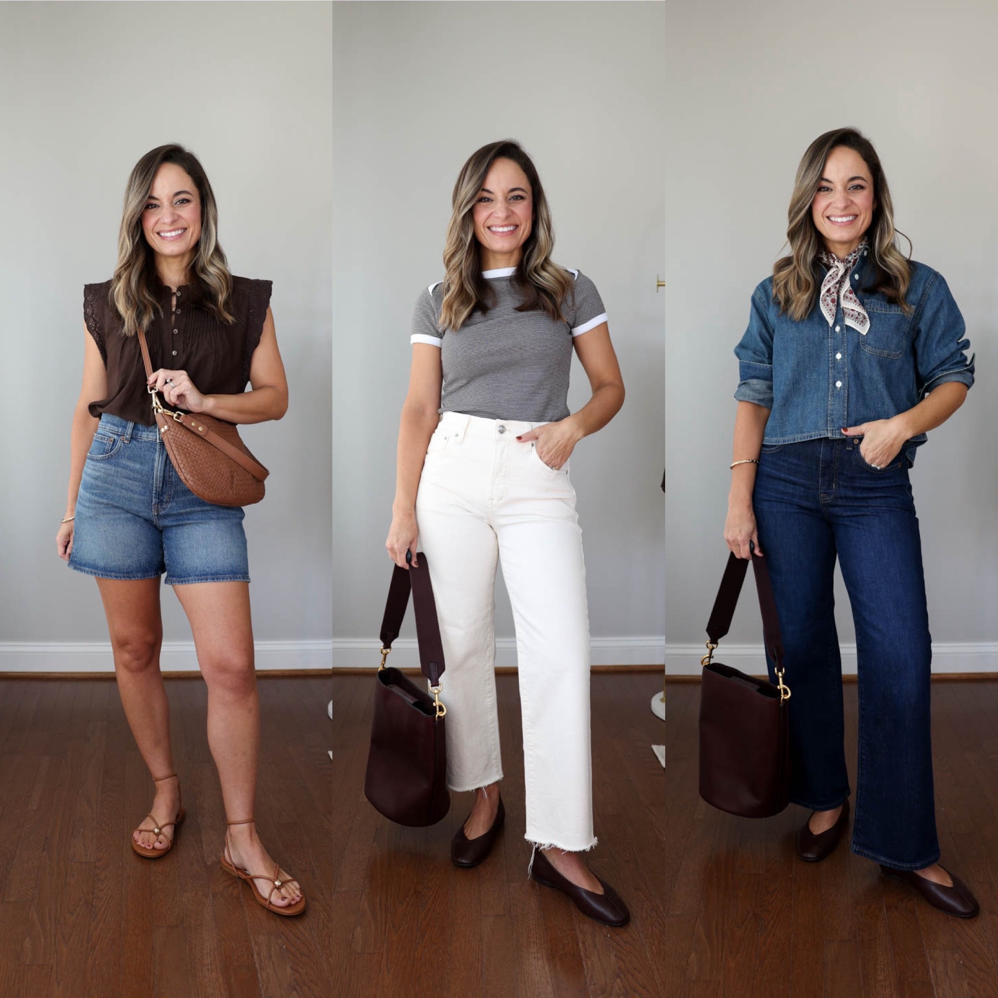 A petite-friendly mini capsule wardrobe with 13 items and 20 outfit ideas! 

3 bottoms
Dark wash jeans: 24 / 10” rise / 26.5” inseam (also offered in petite 24.5” inseam) 
Ecru jeans: petite 24 / 10 3/8” rise / 25” inseam 
Short: 25 

6 tops 
Printed top: xxs 
Brown top: xxs 
White sweater tank: xs (this one sold out so linking a similar option)
Striped t-shirt: xxs 
Olive jacket: xxs (low in stock, linking a similar option) 
Chambray top: xxs 

Flats: tts
Sandals: tts 

For size comparison: 32”, 24”, 36” with a 25” ankle inseam and a 27.5”-28” full length inseam

#LTKPetite