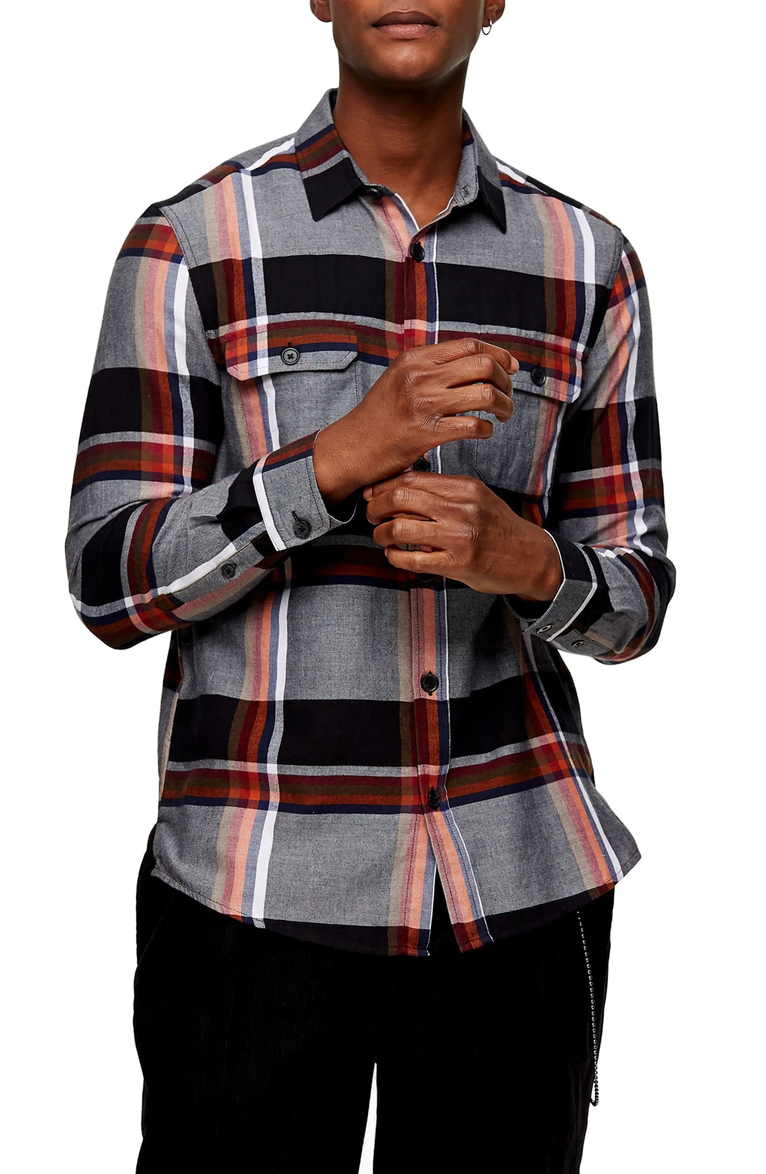 Men's Topman Plaid Button-Up Flannel Shirt, Size Medium - Grey | Nordstrom