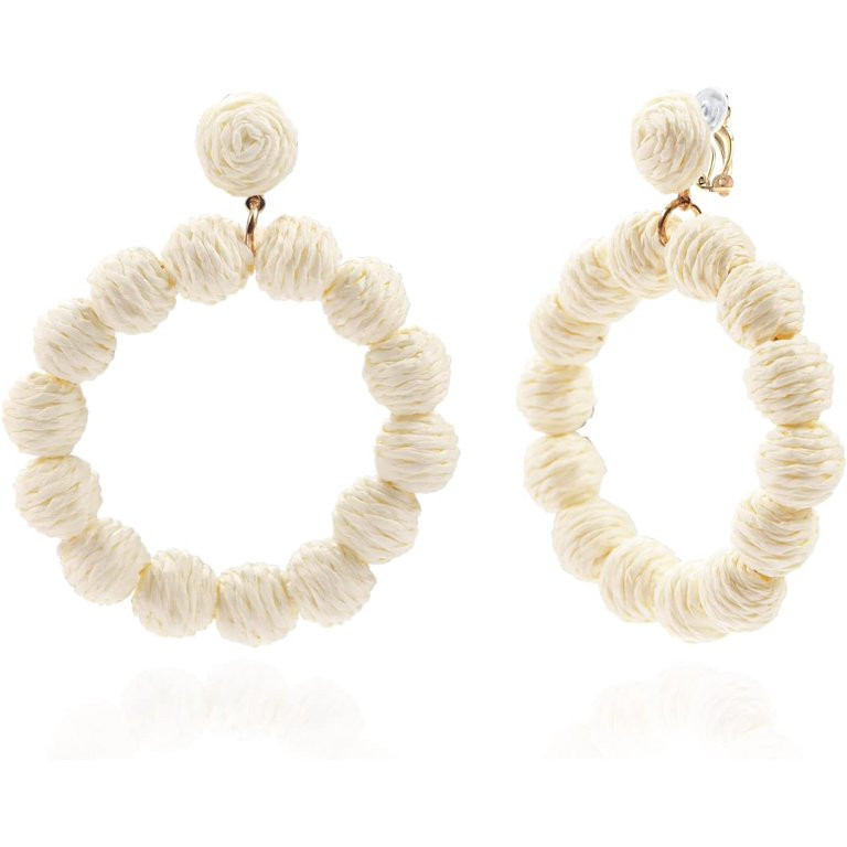 Boho Rattan Clip on Earrings for Women - Handmade Hoop Dangle Earrings with Raffia Balls - Perfec... | Walmart (US)