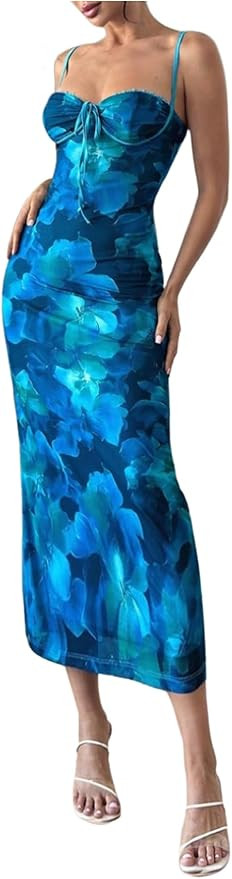 Milumia Women's Floral Cami Long Dress Drawstring Ruched Bust Spaghetti Strap Dresses | Amazon (US)