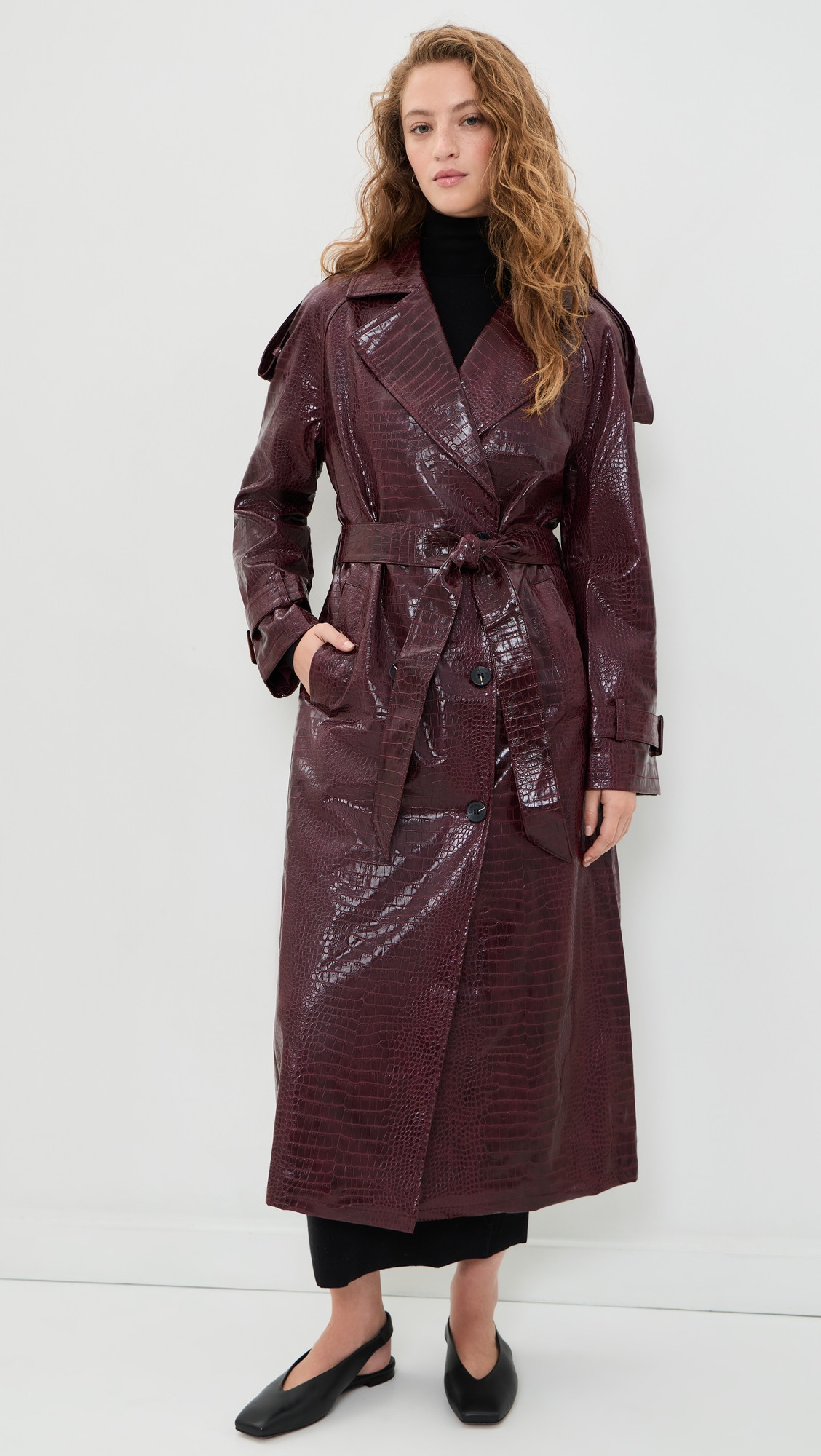 Avec Les Filles Croc-Embossed Faux Leather Belted Maxi Trench Coat Dark Red XL | Shopbop